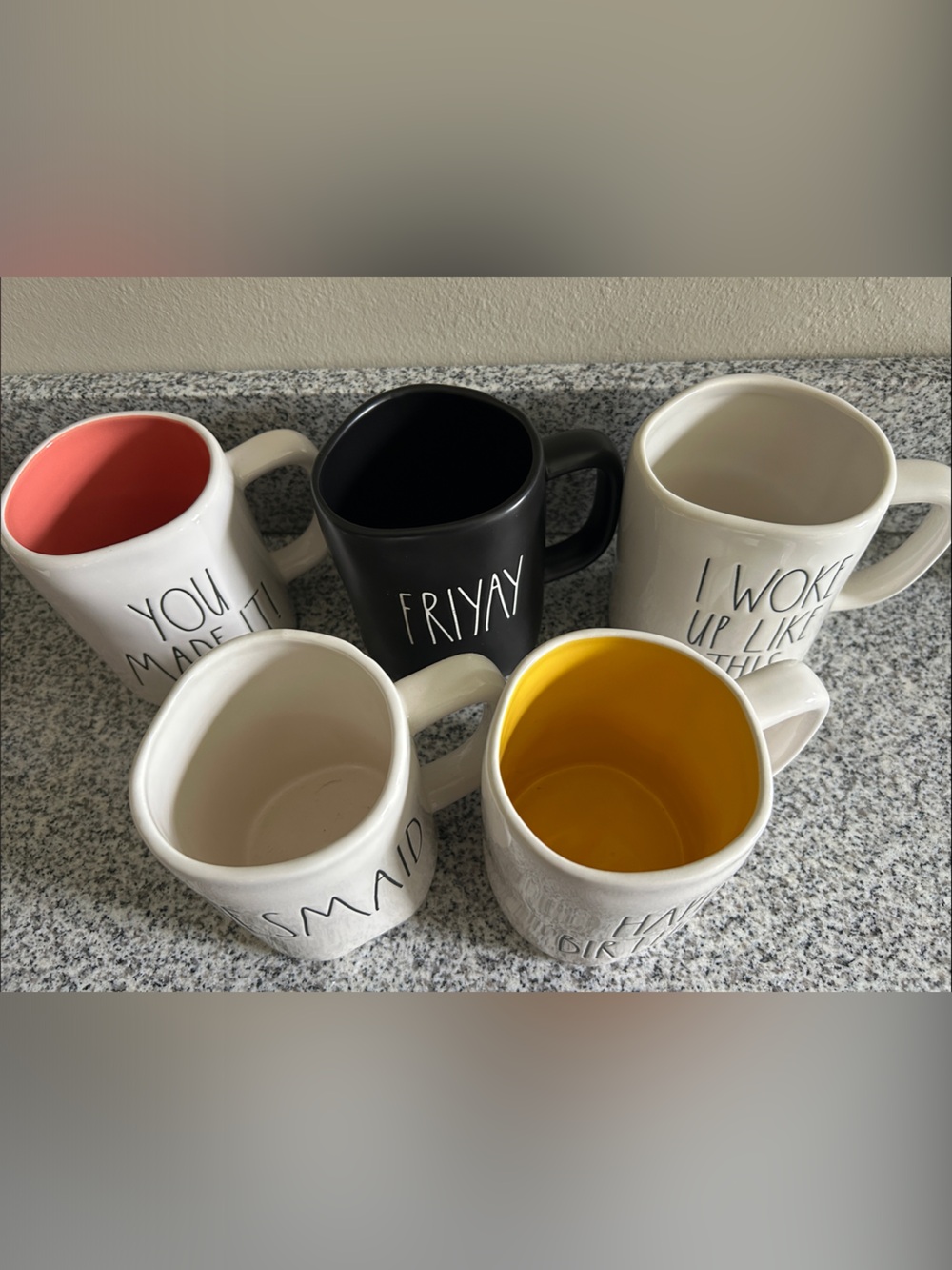 Rae Dunn Mugs Set - White Exteriors with Coral, Black, Yellow, Cream Interiors